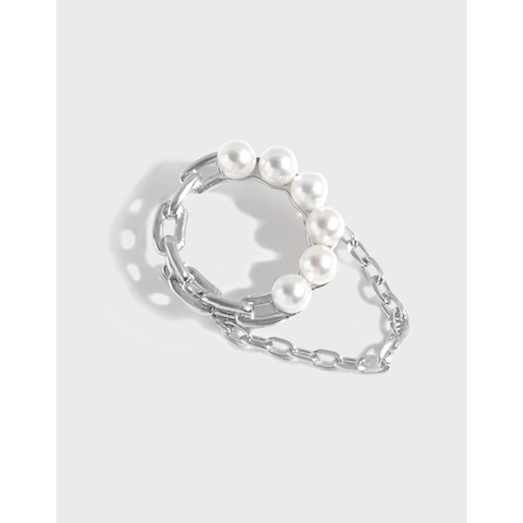 925 Sterlingsilber Geometrischer Kettenring Mit Künstlicher Perle Minimalistischer Koreanischer Stil Fingerring Für Damen Mode Schmuck