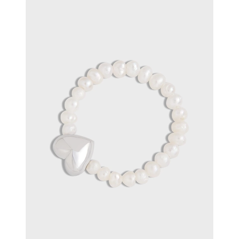 Anillo de Plata de Ley 925 con Perla de Agua Dulce para Mujer Anillo Abierto con Cuentas en Forma de Corazón Geométrico Joyería Color Platino