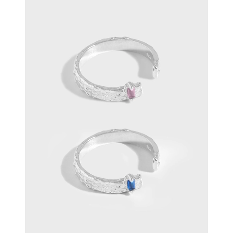 Anillo Abierto de Plata de Ley S925 con Textura Martillada para Mujer Minimalista Incrustado con Circonia Azul Rosa Rectangular Ajustable Joyería