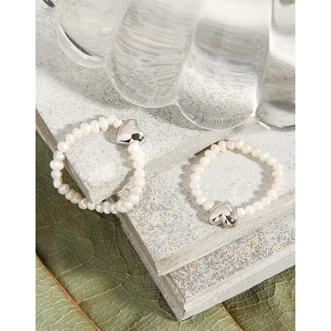 Anillo de Plata de Ley 925 con Perla de Agua Dulce para Mujer Anillo Abierto con Cuentas en Forma de Corazón Geométrico Joyería Color Platino