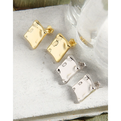 S925 Sterling Silver Irregular Square Stud Earrings For Women Minimalist Hammered Texture Geometric Ear Jewelry Gift