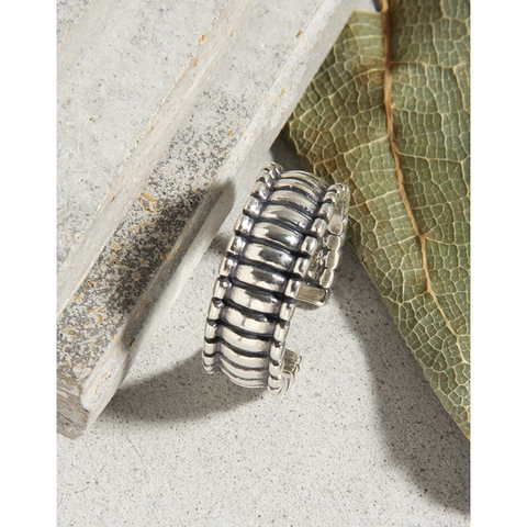 Vintage S925 Sterlingsilber Offener Ring Für Damen Retro Industrielle Vertikale Textur Verstellbarer Ring Schmuck Geschenk