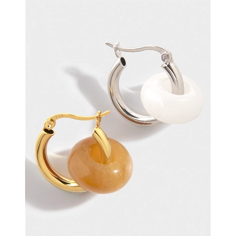 Boucles d'Oreilles Créoles Géométriques en Argent Sterling 925 Style Néo-Chinois Minimaliste Pierre de Jade pour Femme Bijoux de Luxe