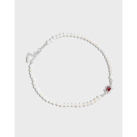925 Sterling Silber Roter Edelstein Quadratischer Anhänger Muschelperlen Halskette Für Damen Minimalistisch Vintage Koreanischer Stil Schmuck