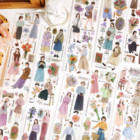 Juego de Pegatinas de Cinta Washi Vintage Figuras Románticas Diseños Florales Material de Scrapbooking DIY Pegatinas Decorativas Estéticas