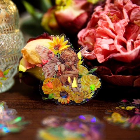 Vintage Viktorianische Blumen Engel PET Aufkleber Goldprägung Holografische Dekative Decals Für Journaling Scrapbooking DIY