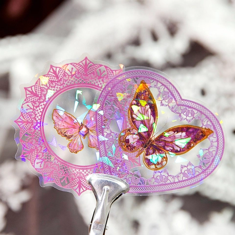 PET Butterfly Stickers Pack Lace Gold Stamping Holographic Transparent Decorative Stickers For Journaling DIY Scrapbooking