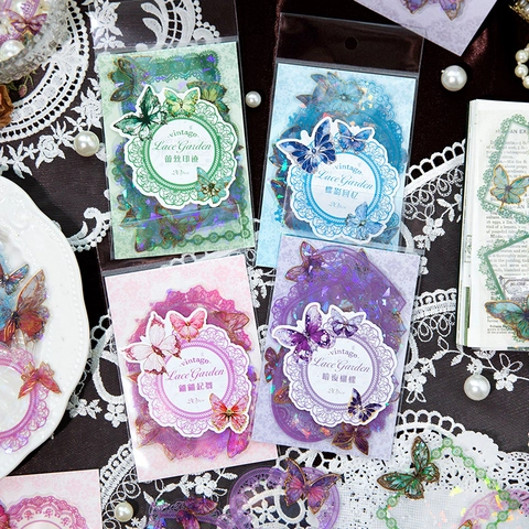 PET Butterfly Stickers Pack Lace Gold Stamping Holographic Transparent Decorative Stickers For Journaling DIY Scrapbooking