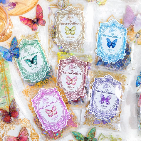 21Pcs Retro PET Butterfly Sticker Pack Golden Dawn Bronzing DIY Handbook Material Decorative Laser Stickers For Scrapbooking