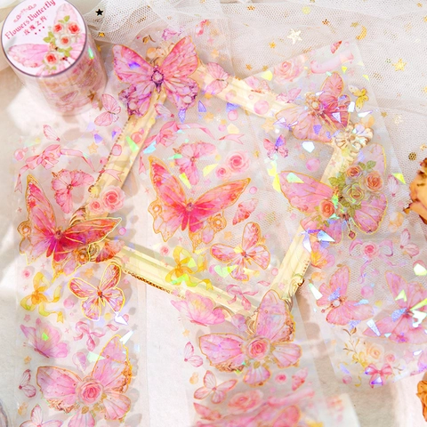 Cinta PET Mariposa Oro Láser Pegatinas Decorativas Rosas Florales Vintage para Journaling Material de Scrapbooking DIY