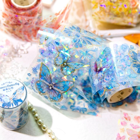 Cinta PET Mariposa Oro Láser Pegatinas Decorativas Rosas Florales Vintage para Journaling Material de Scrapbooking DIY