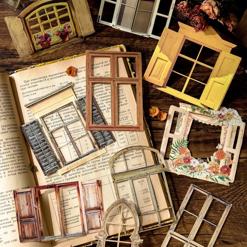 10Pcs Vintage Hollowed Out Window Frame Textured Paper Stickers Scrapbooking Material Pack Retro DIY Decoration Collage Cards