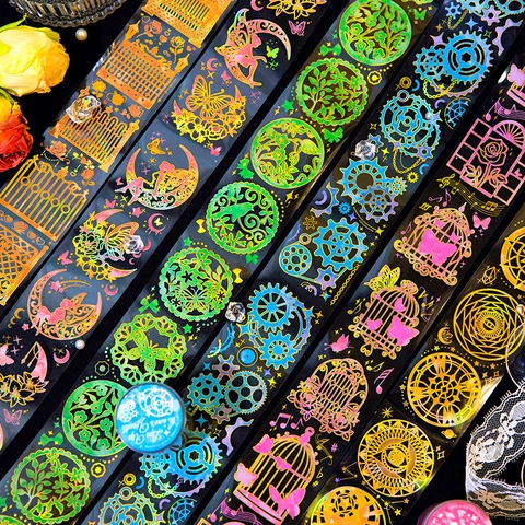 Vintage PET Bronzing Decorative Tape Butterfly Gear Clock Pattern Laser Gold Foil Scrapbooking DIY Material Stickers