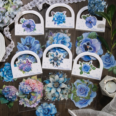 Adesivi Botanici PET Serie Blue Love Bronzatura Floreale Decalcomanie Decorative per Scrapbooking Journaling Fai Da Te Pack