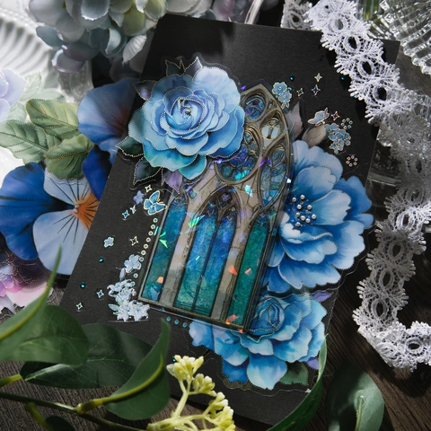 Adesivi Botanici PET Serie Blue Love Bronzatura Floreale Decalcomanie Decorative per Scrapbooking Journaling Fai Da Te Pack