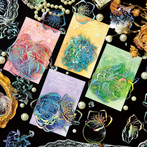 Holographic PET Floral Sticker Pack Vintage Retro Flower Journaling DIY Decorative Stickers For Scrapbooking Handicraft Art