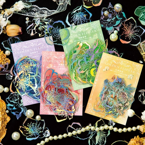 Holographic PET Floral Sticker Pack Vintage Retro Flower Journaling DIY Decorative Stickers For Scrapbooking Handicraft Art