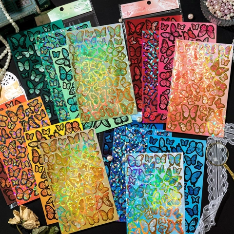 Vintage Laser Gold Foil Butterfly Sticker Set For Scrapbooking Journaling Decoration Materials Aesthetic Stationery Supplies