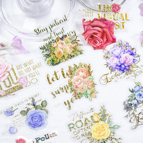 Adesivi Vintage in PET Fiori e Scrittura Stampa a Freddo in Oro Decalcomanie Decorative Floreali per Scrapbooking DIY