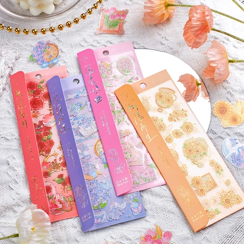 Vintage Retro Blumen PET Aufkleber Set Für Scrapbooking Journaling Heißprägen Rose Tulpe Sonnenblume Hydrangea DIY Dekoration Material
