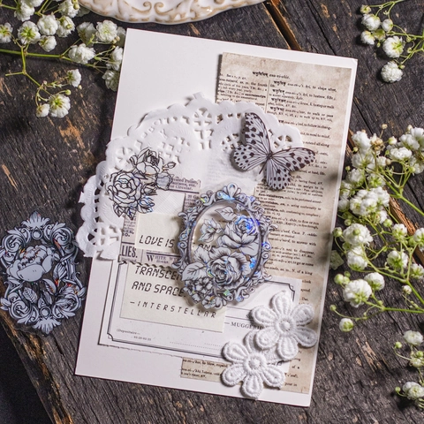 Adesivi Floreali in PET Vintage Con Effetto Luce di Conchiglia Olografica Bordo Barocco Adesivi Decorativi per Scrapbooking Planner Diario Fai da Te Donna