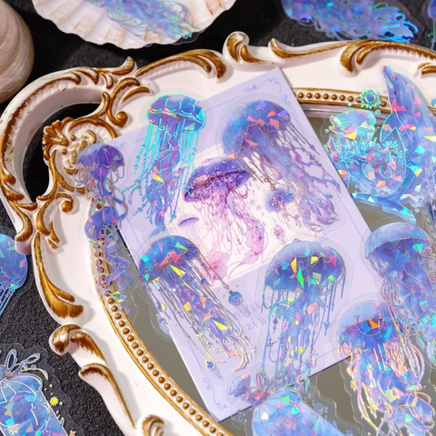 Adesivi per Meduse in PET Olografici Argento Laser Lucentezza di Conchiglia Adesivi per Cancelleria Scrapbooking Fai-da-te per Decorazione di Agende Estetiche