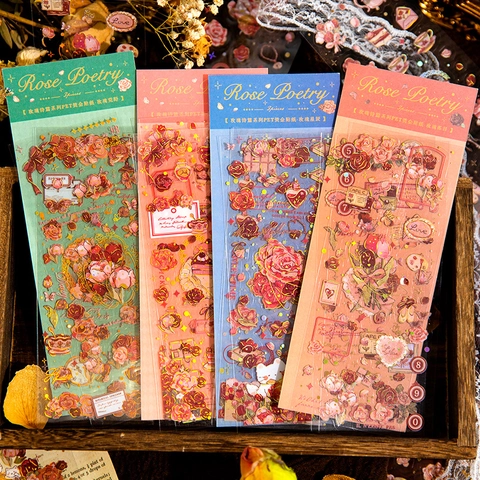 Adesivi Vintage in PET Rose Poetry con Stampa a Caldo Oro Adesivi Decorativi Floreali per DIY Scrapbooking Journaling Planner