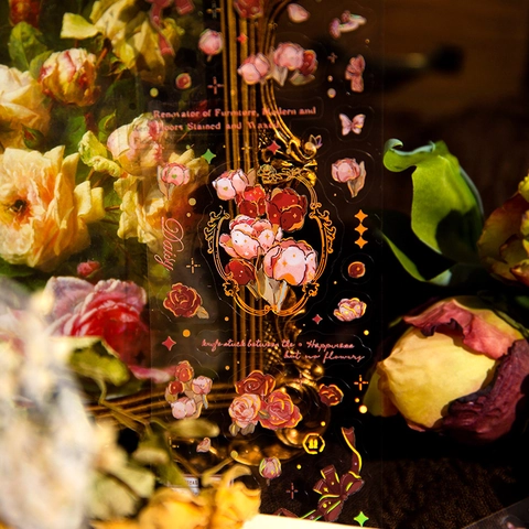 Adesivi Vintage in PET Rose Poetry con Stampa a Caldo Oro Adesivi Decorativi Floreali per DIY Scrapbooking Journaling Planner
