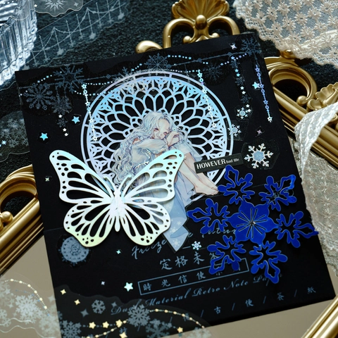 Mo Card PET Πακέτο Διακοσμητικών Αυτοκόλλητων Θερμή Ασημοτυπία Λευκό Μελάνι Διαφανές Πεταλούδα Λουλούδι Χιόνι Scrapbooking DIY Ημερολόγιο Διακόσμηση