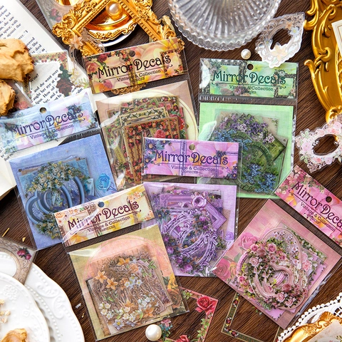 Vintage PET Blumenrahmen Aufkleber Transparente Spiegelbilder Für Scrapbooking Journaling Rand Ästhetische Blumen Schreibwaren Deko