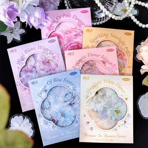 Dreams In Flowers Serie PET Adesivi Floreali Impermeabili Trasparenti Floreali Decalcomanie Decorative Per Scrapbooking Journaling DIY