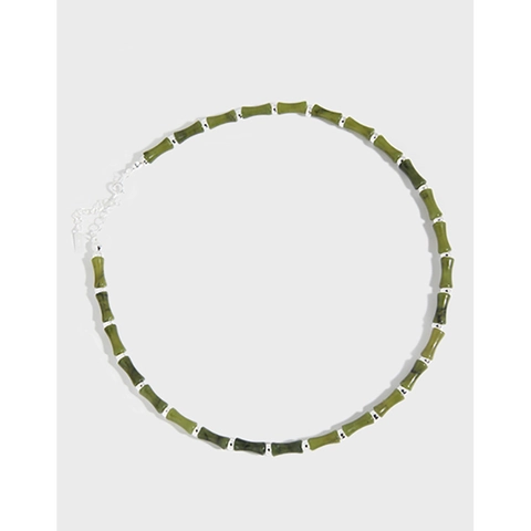 Collana a Nodo di Bambù in Giada Naturale Oliva Design Minimalista Nuovo Cinese Catena in Argento Sterling 925 Gioielli Donna