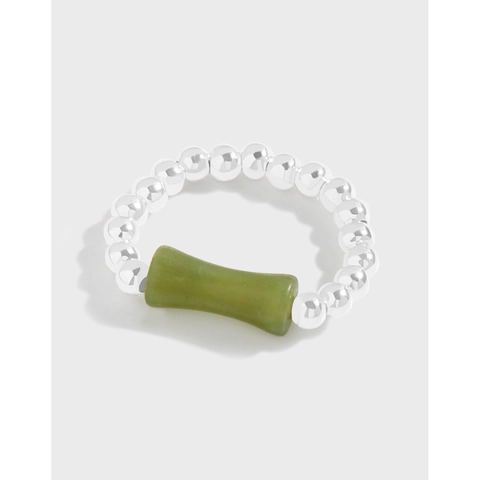 S925 Sterling Silver Bamboo Joint Elastic Ring For Women Minimalist Beaded Finger Ring With Green Jade Look Stone Jewelry