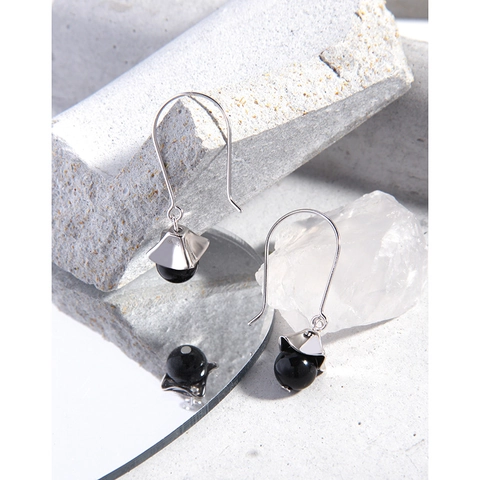 S925 Sterling Silver Black Agate Drop Earrings Minimalist Geometric Flower Cap Hook Earrings Elegant Jewelry For Women