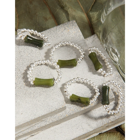 S925 Sterling Silver Bamboo Joint Elastic Ring For Women Minimalist Beaded Finger Ring With Green Jade Look Stone Jewelry