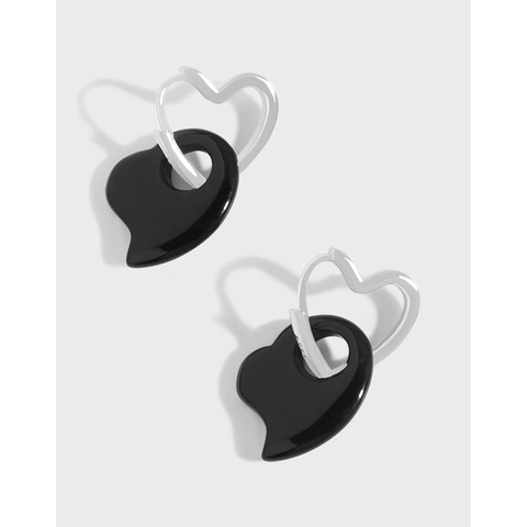 925 Sterling Silver Heart Drop Earrings For Women Minimalist Black Agate Geometric Dangle Earrings White Gold Plated Jewelry