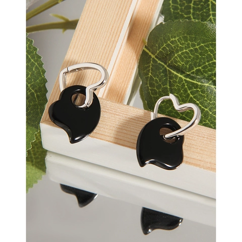 925 Sterling Silver Heart Drop Earrings For Women Minimalist Black Agate Geometric Dangle Earrings White Gold Plated Jewelry