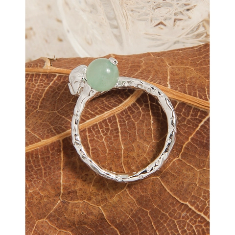925 Sterling Silver Aventurine Open Ring For Women Minimalist Irregular Hammered Texture Adjustable Niche Design Fashion Jewelry Gift