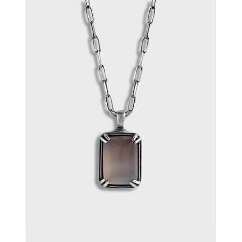Collier Vintage en Argent Sterling 925 avec Pendentif en Agate Grise pour Femme Rectangulaire Chaîne Trombone Bijoux Minimalistes Cadeau