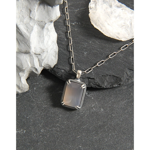 Collier Vintage en Argent Sterling 925 avec Pendentif en Agate Grise pour Femme Rectangulaire Chaîne Trombone Bijoux Minimalistes Cadeau