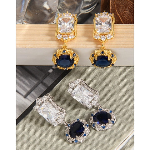 Vintage 925 Sterling Silver Drop Earrings For Women Retro Court Style Emerald Cut Zirconia Oval Blue Crystal Earrings