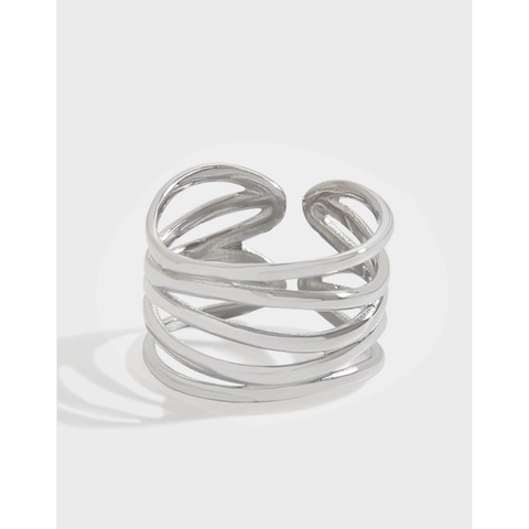 Anello Aperto Multistrato in Argento Sterling 925 Minimalista per Donna Anello a Dito Geometrico Traforato Regolabile Gioielleria
