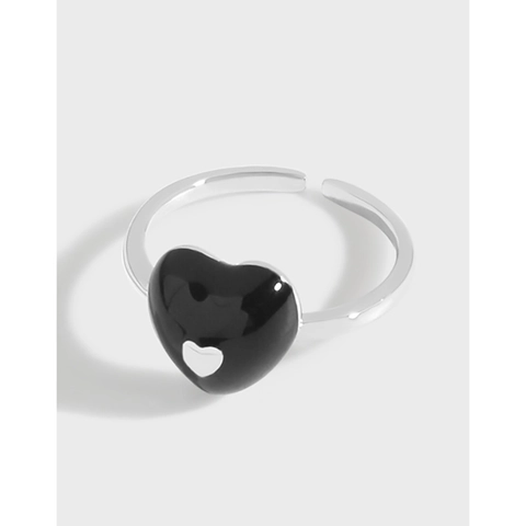 S925 Sterling Silver Black Enamel Heart Open Ring For Women Minimalist Adjustable Geometric Light Luxury Finger Ring Jewelry