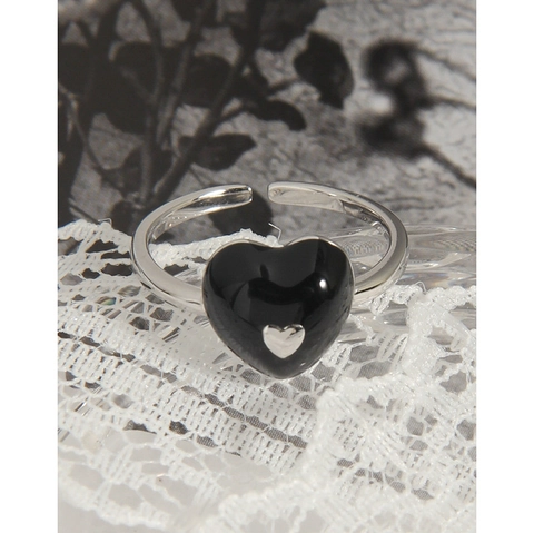 S925 Sterling Silver Black Enamel Heart Open Ring For Women Minimalist Adjustable Geometric Light Luxury Finger Ring Jewelry
