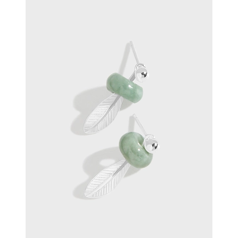 Orecchini a Bottone a Foglia in Argento Sterling 925 per Donna Minimalista Coreano Lusso Leggero Giada Verde Geometrica Gioielli Moda