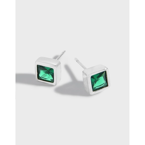 Boucles d'Oreilles Clous Carrées en Argent Sterling 925 Minimaliste Strass Vert Géométrique Bijoux pour Femmes Accessoire Plaqué Platine