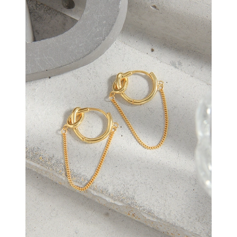 Boucles d'Oreilles Créoles Nœud en Argent Sterling S925 pour Femmes Style Coréen Minimaliste Chaîne Souple Bijoux de Luxe Légers