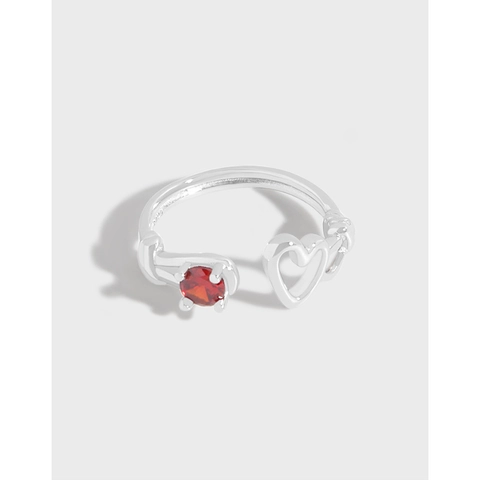 S925 Sterling Silver Ring Red Zircon Heart Open Adjustable Minimalist Light Luxury Jewelry For Women Korean INS Style