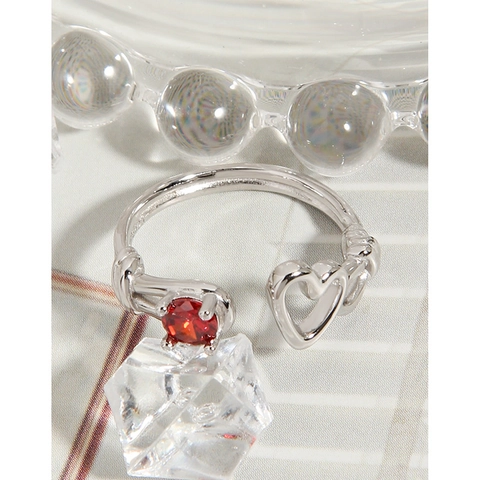 S925 Sterling Silver Ring Red Zircon Heart Open Adjustable Minimalist Light Luxury Jewelry For Women Korean INS Style
