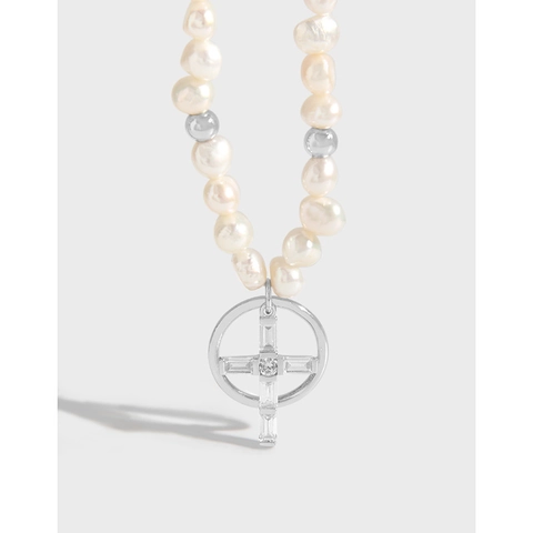 925 Sterling Zilveren Kunstparel Kruis Hanger Halsketting Voor Vrouwen Luxe Strass Cirkel Religieuze Mode Sieraden